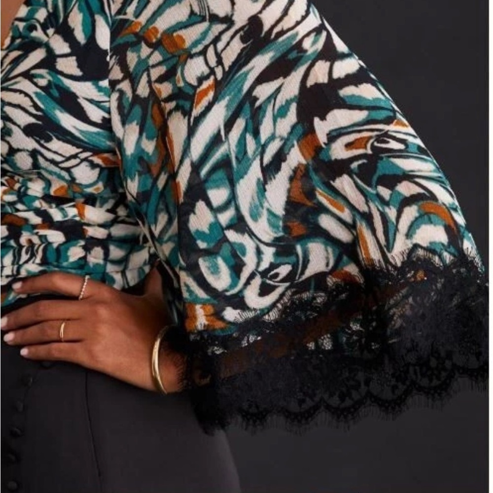Anthropologie Green, Brown and Black Flutter Sleeve Wrap Top - Size S - Picture 3 of 8